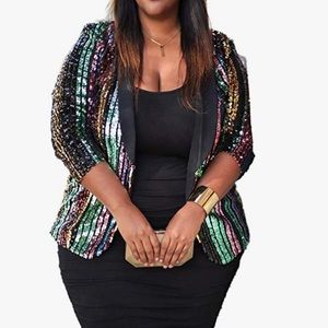Plus Size Blazer Sequin Three-Quarter Sleeve